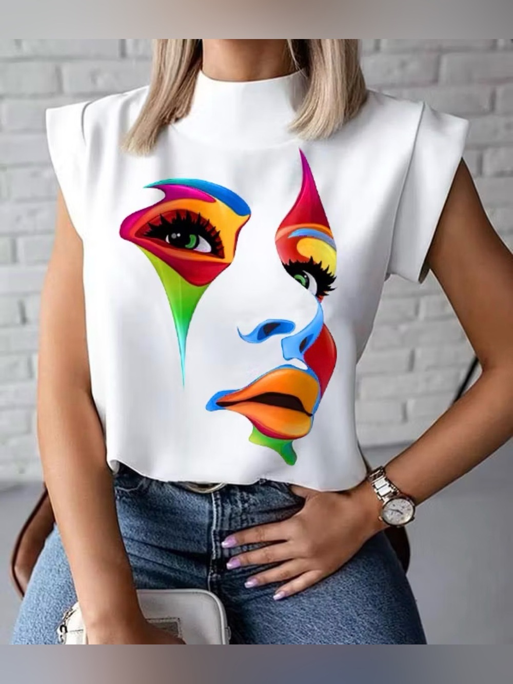 Uoozee Cap Sleeve Multi-Colored Printed High Neck Top in White, Size S